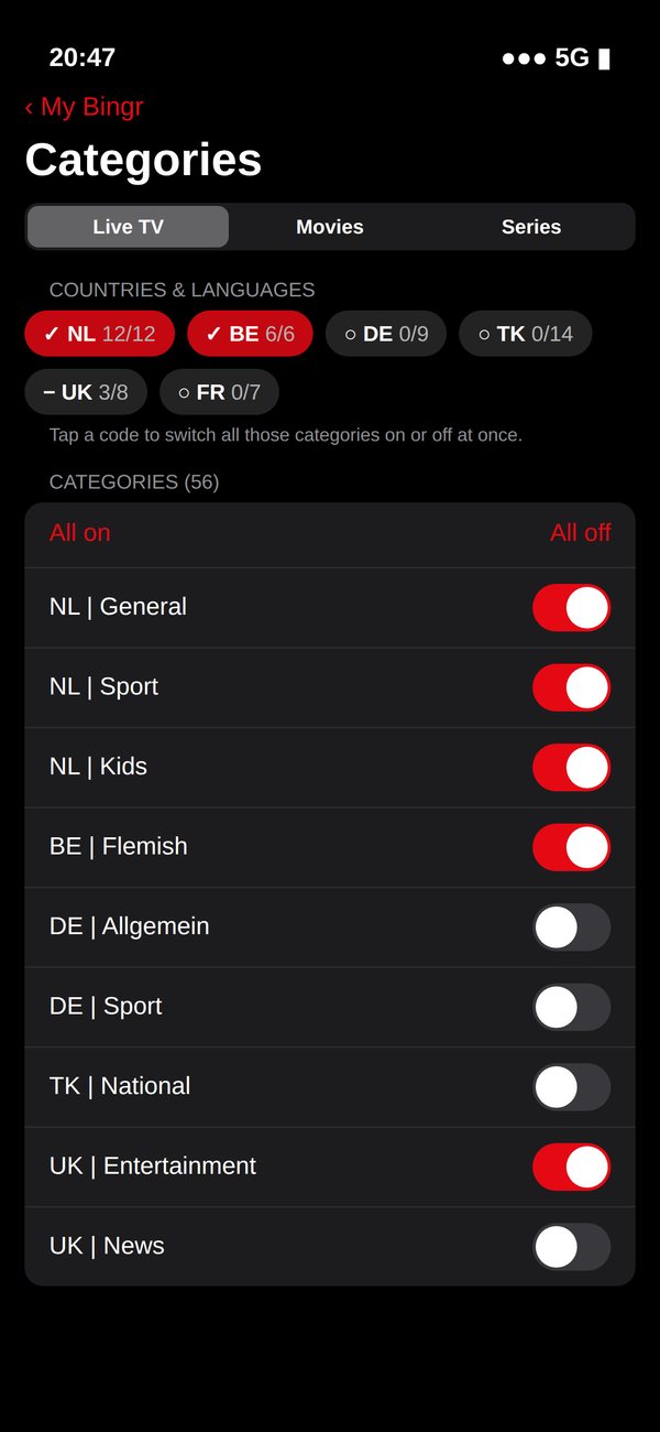 Turning categories on and off on iPhone