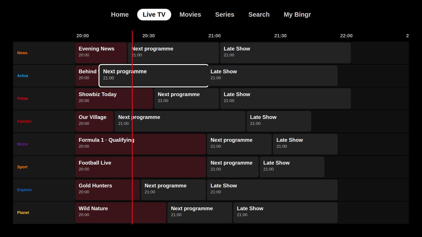 TV guide with a now-line in Bingr on Apple TV