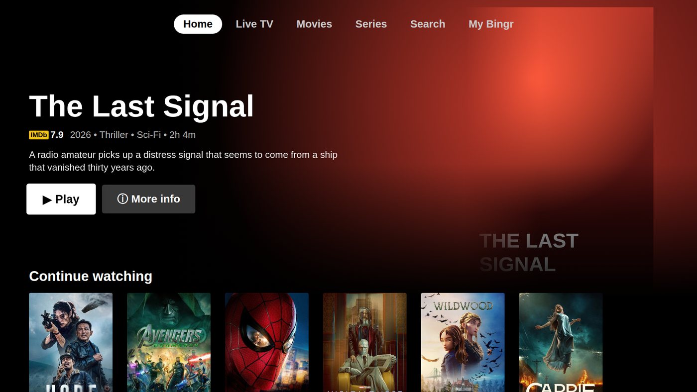 Bingr home screen on Apple TV