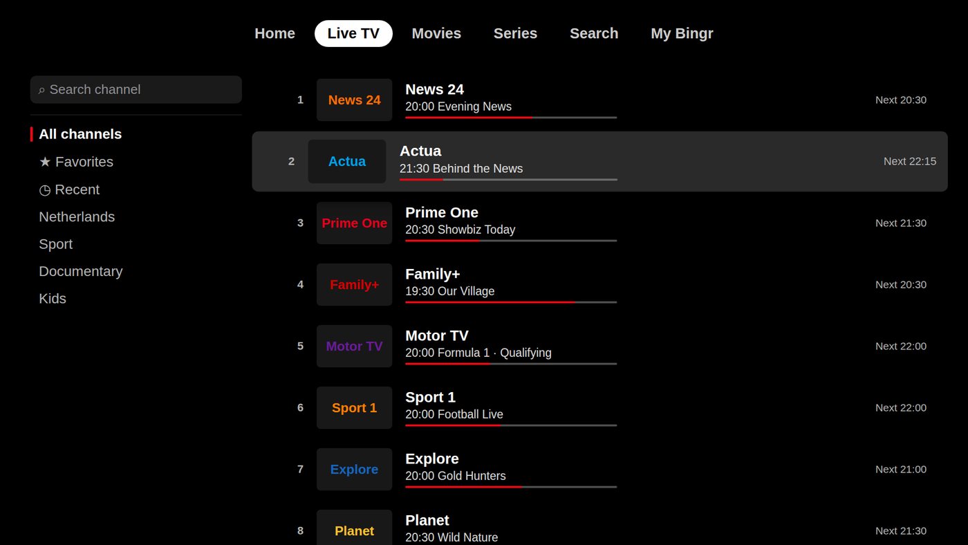 Live TV with channel list on a TV