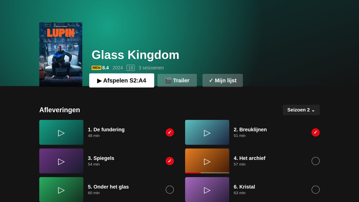 Detailpagina van een serie in Bingr