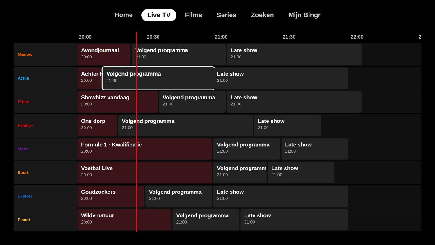 Tv-gids met nu-lijn in Bingr op Apple TV