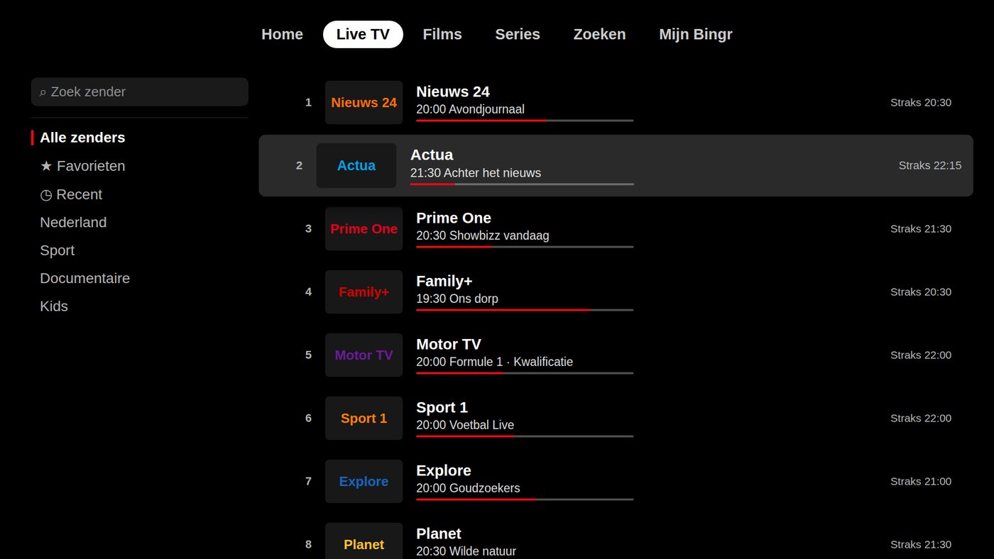 Live tv met zenderlijst op een tv